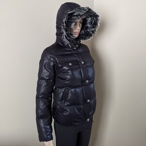 Night before Christmas down glossy puffy black coat, women's small